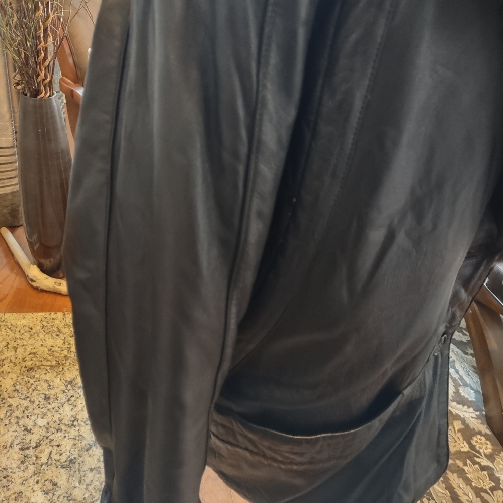 Vera Pelle Black Genuine Black Leather 3/4 Coat Fur Trim Made In Italy L - XL 14 - Picture 8 of 13